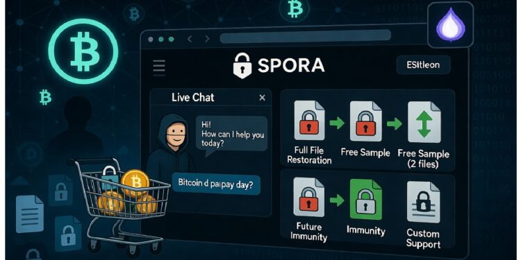 Interfaz de ransomware SPORA con chat de figura enmascarada, opciones bloqueadas de restauración y símbolos de bitcoin sobre fondo digital con carrito lleno de monedas.