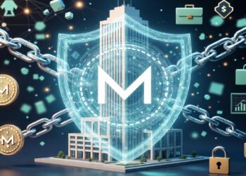 Edificio moderno protegido por un escudo luminoso con cadenas, candados y símbolos financieros alrededor, evocando seguridad digital y resguardo de activos.