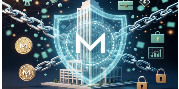 Edificio moderno protegido por un escudo luminoso con cadenas, candados y símbolos financieros alrededor, evocando seguridad digital y resguardo de activos.