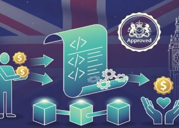 Bandera británica con Big Ben detrás de un pergamino con símbolos de código, engranajes, manos con monedas y cubos conectados que evocan tecnología y regulación digital.