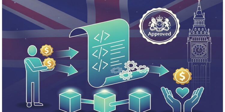 Bandera británica con Big Ben detrás de un pergamino con símbolos de código, engranajes, manos con monedas y cubos conectados que evocan tecnología y regulación digital.