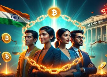 Cuatro personas de negocios posan ante fondo digital con bitcoin, cadenas y balanza, junto a bandera india y edificio marcado Reserve Bank RDI.