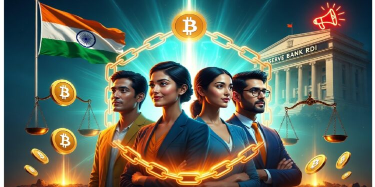 Cuatro personas de negocios posan ante fondo digital con bitcoin, cadenas y balanza, junto a bandera india y edificio marcado Reserve Bank RDI.