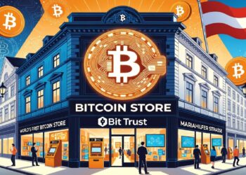 Edificio Bitcoin Store en esquina urbana con gran símbolo ₿ luminoso, rótulos destacados y personas caminando, junto a bandera austríaca en un entorno comercial moderno.