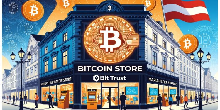 Edificio Bitcoin Store en esquina urbana con gran símbolo ₿ luminoso, rótulos destacados y personas caminando, junto a bandera austríaca en un entorno comercial moderno.