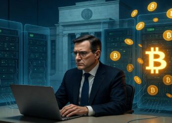 Persona trabajando en laptop frente a servidores iluminados, con símbolos de bitcoin flotando y un edificio institucional al fondo que sugiere conexión entre banca y cripto.