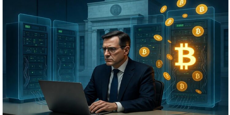 Persona trabajando en laptop frente a servidores iluminados, con símbolos de bitcoin flotando y un edificio institucional al fondo que sugiere conexión entre banca y cripto.