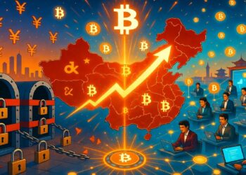 Mapa rojo de China con flecha ascendente y bitcoins, rodeado de símbolos de yuan, personas en laptops y bóvedas con candados, evocando actividad cripto bajo control estatal.
