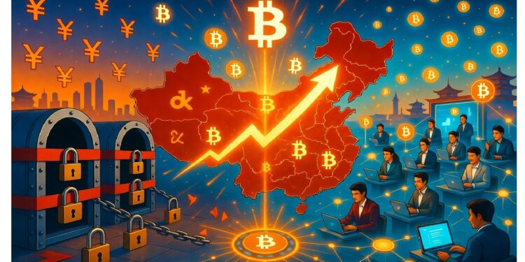 Mapa rojo de China con flecha ascendente y bitcoins, rodeado de símbolos de yuan, personas en laptops y bóvedas con candados, evocando actividad cripto bajo control estatal.