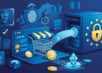 Pantalla con carrito digital y bitcoins fluyendo hacia bóveda con candado y estrellas europeas, rodeada de íconos biométricos y símbolos que evocan comercio seguro.