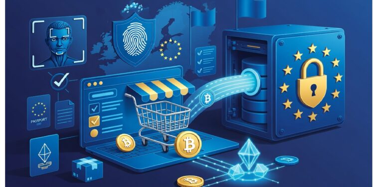 Pantalla con carrito digital y bitcoins fluyendo hacia bóveda con candado y estrellas europeas, rodeada de íconos biométricos y símbolos que evocan comercio seguro.