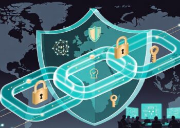 Cadena translúcida con candados y llaves frente a escudo y mapa mundial, mientras siluetas ante computadoras sugieren operaciones de ciberseguridad en red global protegida.