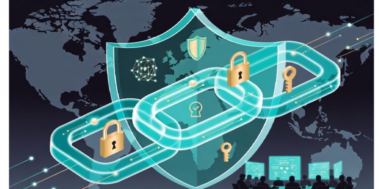Cadena translúcida con candados y llaves frente a escudo y mapa mundial, mientras siluetas ante computadoras sugieren operaciones de ciberseguridad en red global protegida.