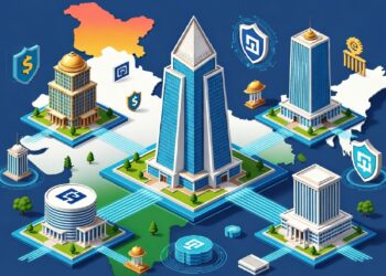 Rascacielos modernos conectados por líneas azules brillantes, con torre central piramidal rodeada de escudos y símbolos financieros sobre mapa tenue que sugiere red segura.