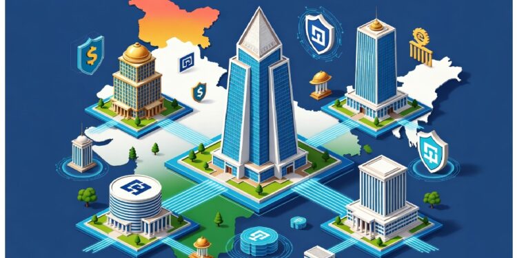 Rascacielos modernos conectados por líneas azules brillantes, con torre central piramidal rodeada de escudos y símbolos financieros sobre mapa tenue que sugiere red segura.