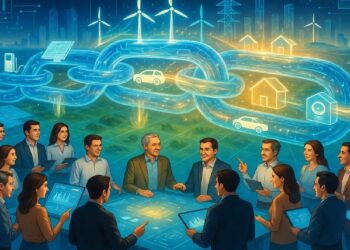 Personas reunidas alrededor de mesa digital brillante bajo cadena luminosa con íconos de energía, transporte y vivienda, frente a ciudad futurista en tonos azul y dorado.