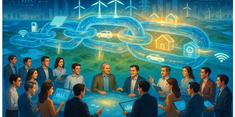 Personas reunidas alrededor de mesa digital brillante bajo cadena luminosa con íconos de energía, transporte y vivienda, frente a ciudad futurista en tonos azul y dorado.