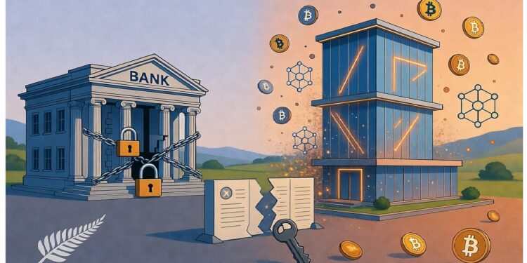 Banco clásico encadenado junto a edificio digital luminoso con símbolos de bitcoin flotando, mostrando contraste entre finanzas tradicionales y ecosistema cripto moderno.
