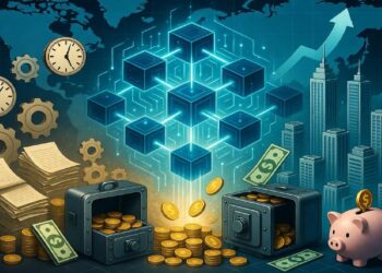 Red de cubos brillantes rodeada de documentos, engranajes, relojes, cajas fuertes con monedas y billetes, frente a mapa mundial y flechas que sugieren crecimiento financiero.