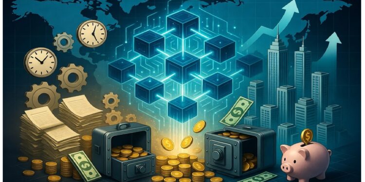 Red de cubos brillantes rodeada de documentos, engranajes, relojes, cajas fuertes con monedas y billetes, frente a mapa mundial y flechas que sugieren crecimiento financiero.