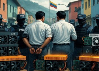 Dos personas esposadas frente a agentes uniformados, con equipos de cómputo incautados en el suelo y una bandera venezolana al fondo, en un operativo policial.