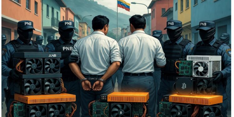 Dos personas esposadas frente a agentes uniformados, con equipos de cómputo incautados en el suelo y una bandera venezolana al fondo, en un operativo policial.