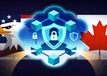 Águila y hoja de arce junto a escudo azul con candado y cubos conectados sobre nube digital, evocando cooperación segura entre ambos países en infraestructura tecnológica.