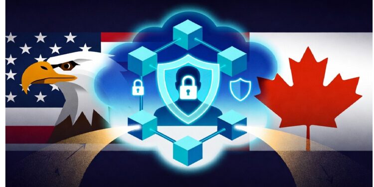 Águila y hoja de arce junto a escudo azul con candado y cubos conectados sobre nube digital, evocando cooperación segura entre ambos países en infraestructura tecnológica.