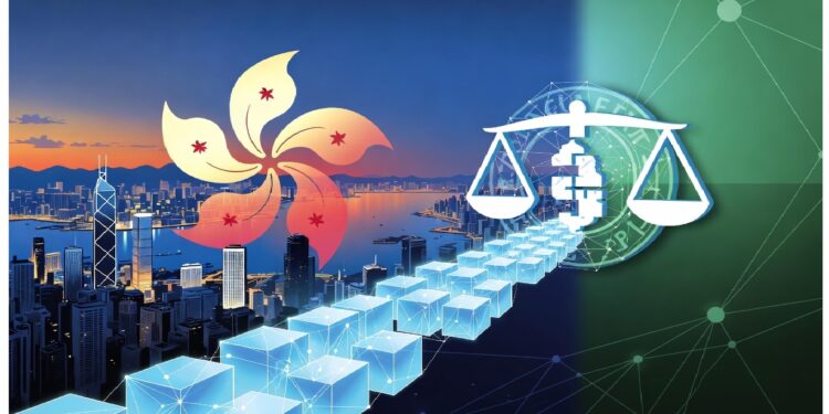 Horizonte de Hong Kong al atardecer con flor bauhinia, cadena de cubos brillantes hacia fondo verde con red digital y balanza que alude a regulación tecnológica.