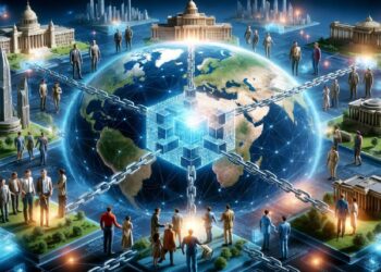 Globo rodeado de cadenas y cubos brillantes con grupos de personas en plataformas conectadas, frente a edificios clásicos y ciudad futurista que sugieren integración digital global.