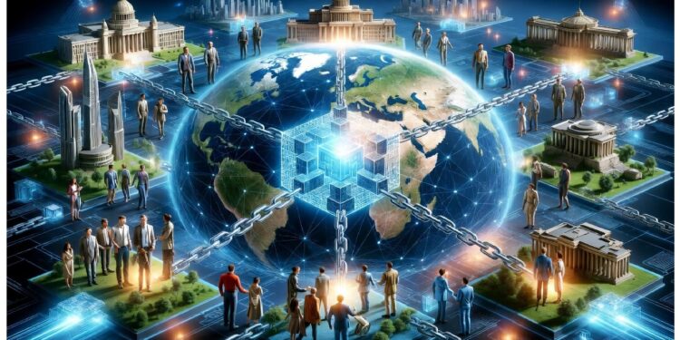 Globo rodeado de cadenas y cubos brillantes con grupos de personas en plataformas conectadas, frente a edificios clásicos y ciudad futurista que sugieren integración digital global.