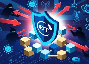 Escudo azul con siglas rodeado de flechas rojas y figuras encapuchadas, junto a íconos de amenazas digitales y cubos conectados que evocan defensa ante ciberataques.