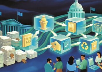 Documentos en papel frente a personas usando dispositivos digitales, conectados por íconos brillantes, con edificios gubernamentales al fondo que sugieren modernización estatal.