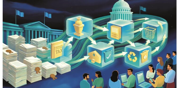 Documentos en papel frente a personas usando dispositivos digitales, conectados por íconos brillantes, con edificios gubernamentales al fondo que sugieren modernización estatal.