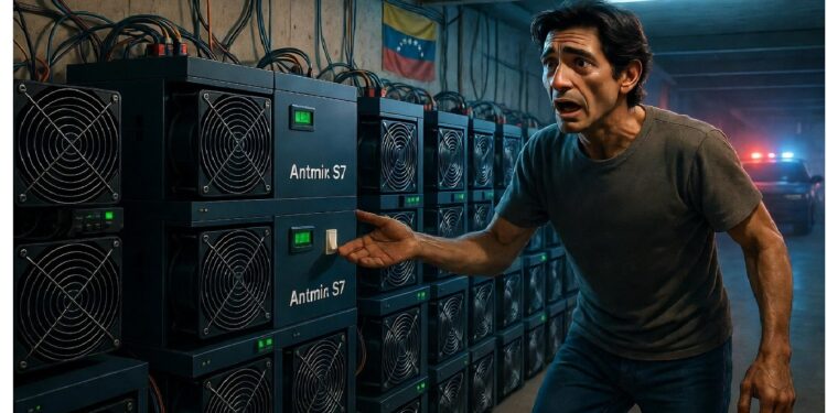Persona revisando equipos Antminer S7 en sala oscura con paredes de concreto, rodeada de cables y máquinas mineras, mientras una bandera de Venezuela cuelga al fondo.