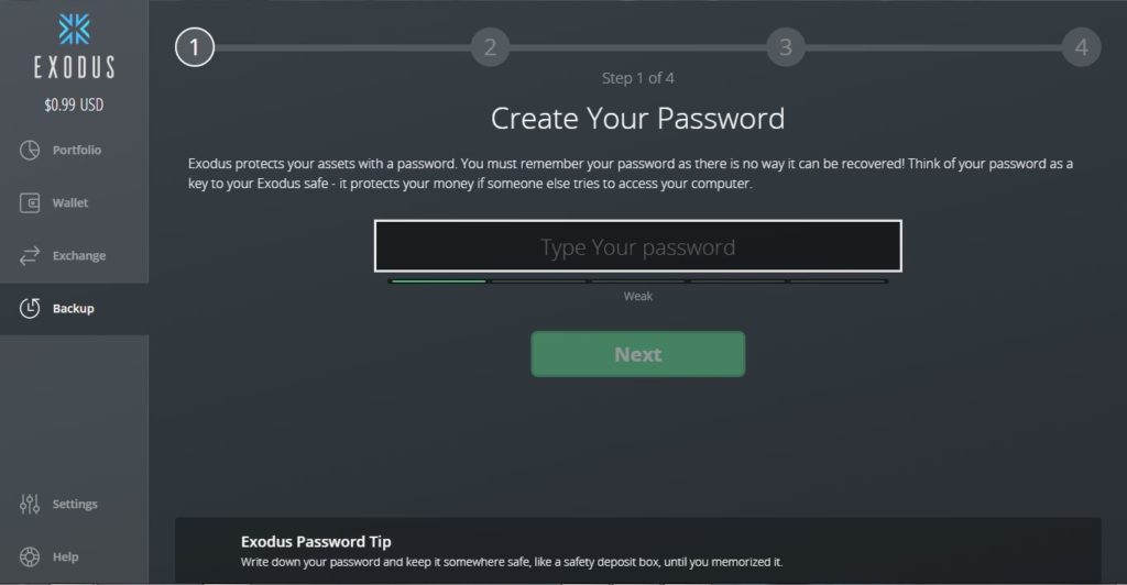 casilla para ingresar contraseña o password en Exodus