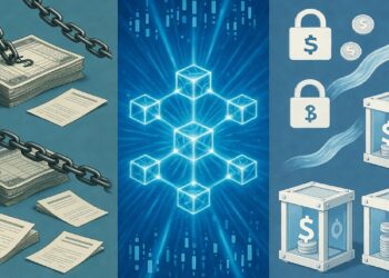 Documentos encadenados junto a red de cubos brillantes y símbolos de divisas con candados, mostrando contraste entre registros tradicionales y transacciones digitales seguras.