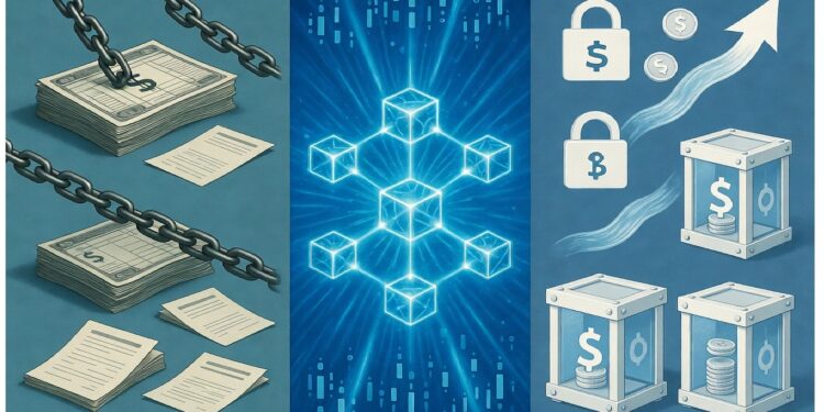 Documentos encadenados junto a red de cubos brillantes y símbolos de divisas con candados, mostrando contraste entre registros tradicionales y transacciones digitales seguras.
