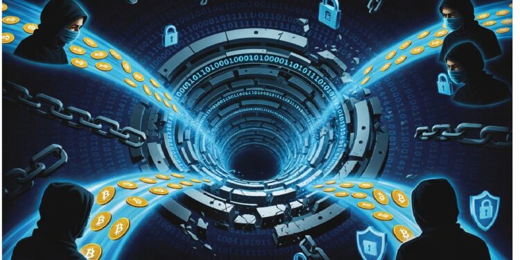 Túnel digital azul con cadenas, candados y figuras encapuchadas alrededor, mientras símbolos dorados de bitcoin fluyen hacia el centro evocando ciberataques y seguridad.