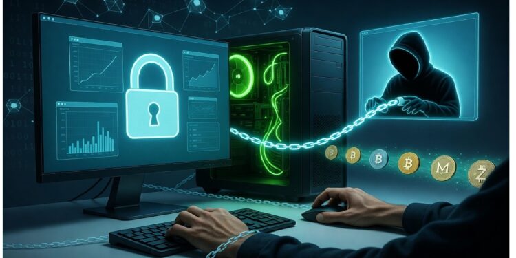 Persona frente a dos monitores con candado digital, cadena luminosa conectada a figura encapuchada rodeada de criptomonedas, evocando hackeo y ciberseguridad.