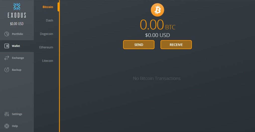 Envío y recepción de bitcoin en Exodus