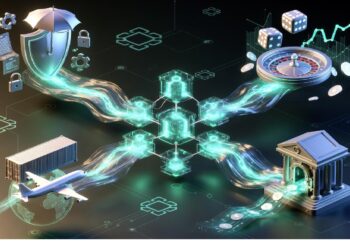 Nodos cúbicos luminosos conectan iconos de banca, seguros, logística, juegos y análisis financiero sobre fondo tecnológico, evocando transformación digital e interconexión sectorial.