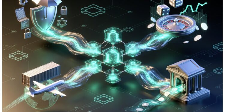 Nodos cúbicos luminosos conectan iconos de banca, seguros, logística, juegos y análisis financiero sobre fondo tecnológico, evocando transformación digital e interconexión sectorial.