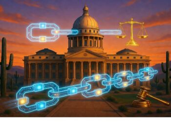 Edificio institucional con cúpula en paisaje desértico y símbolos brillantes de cadenas, balanza y mazo superpuestos, evocando vínculo entre justicia tradicional y tecnologías digitales.