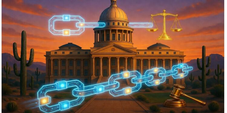 Edificio institucional con cúpula en paisaje desértico y símbolos brillantes de cadenas, balanza y mazo superpuestos, evocando vínculo entre justicia tradicional y tecnologías digitales.