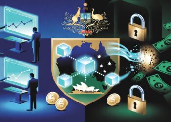 Analistas ante pantallas con gráficas junto a escudo australiano con Opera House y cubos digitales, mientras candados reciben flujos de dinero que evocan seguridad financiera nacional.