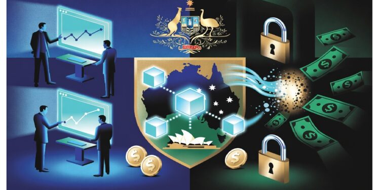 Analistas ante pantallas con gráficas junto a escudo australiano con Opera House y cubos digitales, mientras candados reciben flujos de dinero que evocan seguridad financiera nacional.