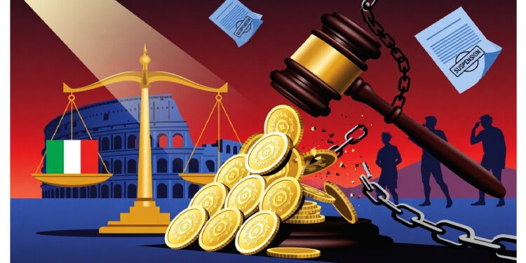 Balanza dorada con bandera italiana frente a monedas mientras un mazo encadenado se rompe ante el Coliseo y papeles de sanción, evocando tensión entre justicia y finanzas nacionales.
