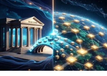 Banco clásico iluminado en azul frente a globo con nodos conectados y puente de cubos brillantes entre ambos, evocando integración entre sistemas financieros tradicionales y redes digitales.