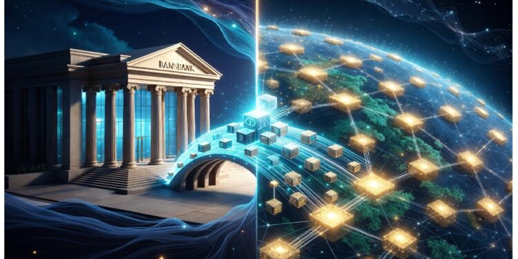 Banco clásico iluminado en azul frente a globo con nodos conectados y puente de cubos brillantes entre ambos, evocando integración entre sistemas financieros tradicionales y redes digitales.